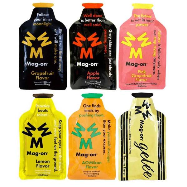 Mag-onジェル お試し6個セットです（各フレーバー1個づつ）エネルギー120kcalのジェルに水溶性マグネシウムを含有エネルギーと電解質を素早く同時に補給できます。体内への吸収の速さがポイントです。カロリーは120kcalと、ほぼ他のエ...
