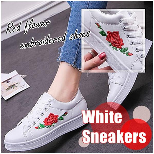 赤い花柄刺繍のスニーカー バラ刺繍 白スニーカー 紐靴 シューズ レディース Buyee 日本代购平台 产品购物网站大全 Buyee一站式代购 Bot Online