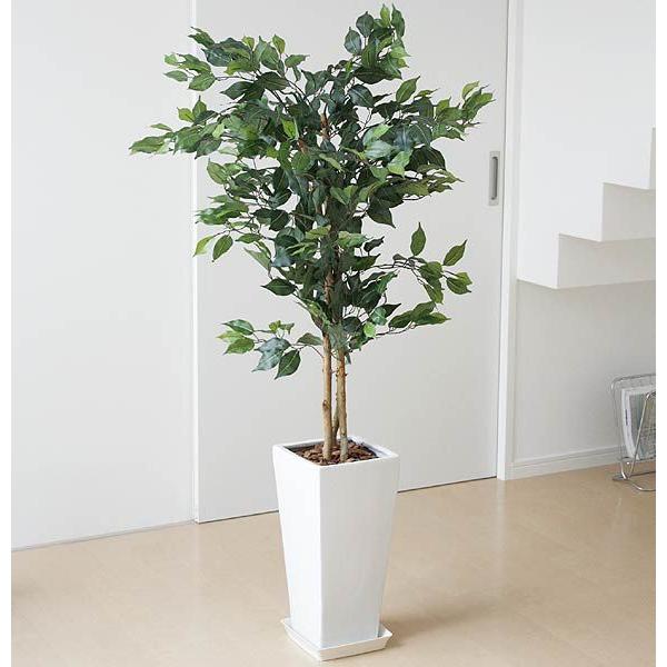 人工観葉植物 ベンジャミン ロングスクエア陶器鉢 フェイクグリーン 