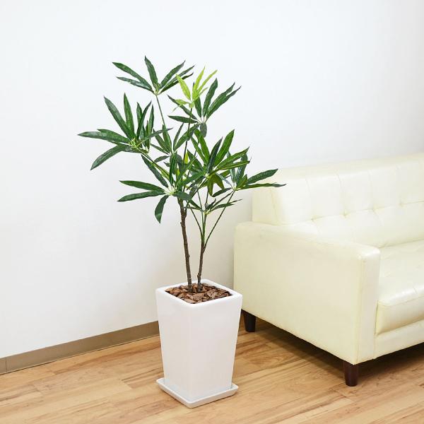 人工観葉植物 シェフレラ スクエア陶器鉢 7号 造花 フェイクグリーン アートグリーン ホワイト 白 大型 おしゃれ お祝い