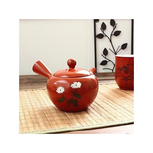 常滑焼 朱泥キク急須※ステンレス製茶漉し付き (和食器 ポット 茶器 朱
