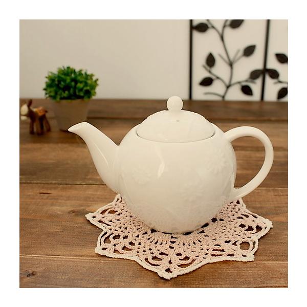 フラワーレリーフポット(茶器 紅茶 ティーポット カフェポット 陶製ポット カフェ食器 ティー用品 茶こし 業務用 洋食器 白い食器 アウトレット 美濃焼 日本製T)