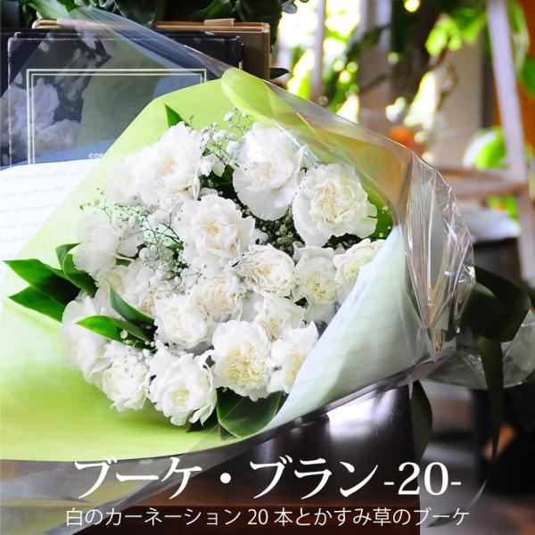 【商品について】亡くなったお母さんに贈る白いカーネーション。白いカーネーション20本とカスミ草、グリーンを使用したブーケです。【サイズ】55〜60cm前後【注意事項】※画像はイメージです。※北海道、四国、九州へのお届けは追加送料がかかります...