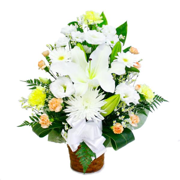 形状 アレンジメント 花材 白ユリと季節のお悔み用添え花（白＆黄色オレンジ系）サイズ 高さ約50cm、幅・奥行き約30cm配送方法 ヤマト運輸での宅配送料 込（本州のみ無料）