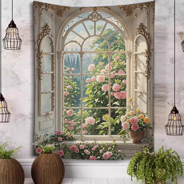 洋風窓の絵柄のタペストリーです。花のある明るい雰囲気が出ます。横70cm、縦100cm。縦長タイプです。リビングやキッチンなど家族が集まる部屋や寝室などの壁にぜひどうぞ。素材:ポリエステル掛けた瞬間一気に雰囲気が変わります。間仕切りに使った...