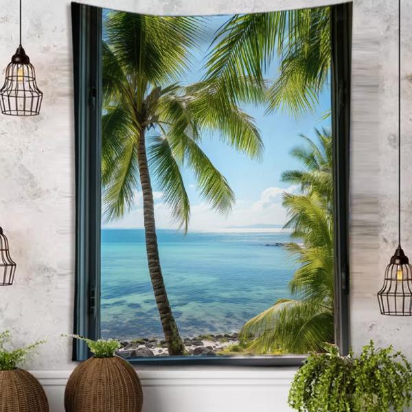 厚手の生地を使用しております。窓からの海岸の絵柄のタペストリーです。豊かな自然と明るい光が感じられます。横70cm、縦100cm。縦長タイプです。リビングやキッチンなど家族が集まる部屋や寝室などの壁にぜひどうぞ。素材:ポリエステル掛けた瞬間...
