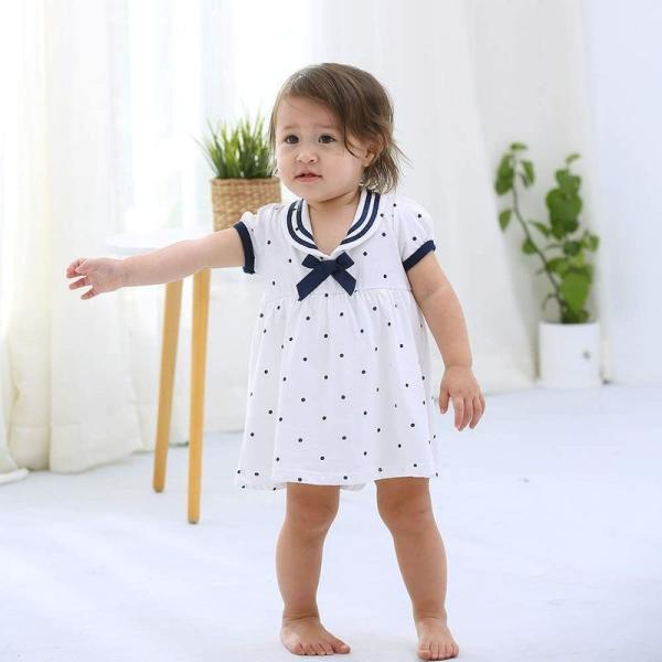 Baby Nest 夏 ベビー服 スカート付き 半袖ロンパース 赤ちゃん ワンピース 女の子 セーラー風 水玉 コットン100 ホワイト Www Donabeija Pt