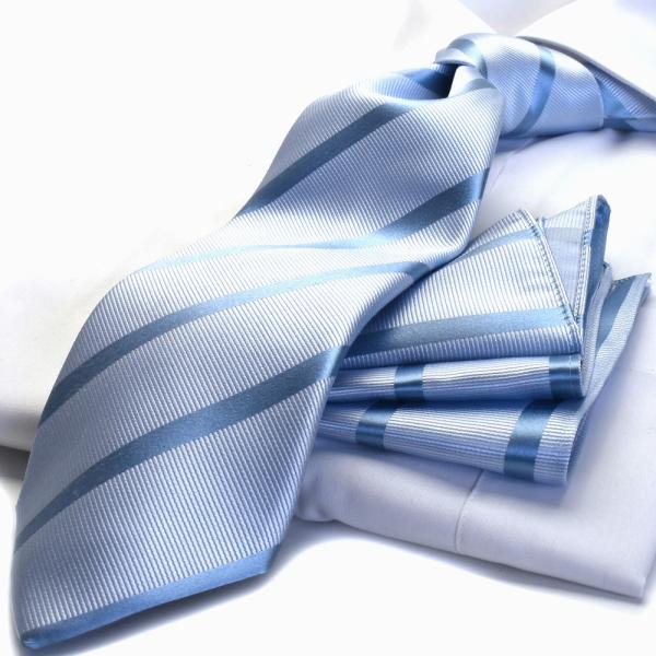 サイズ縦143センチ×幅8センチ/チーフ・同色（23.5センチの正方形）材　質シルク１００％色水色ベースにサックスのストライプ柄商品説明写真と多少の色の異なりはご了承下さい。日本製 ポイント利用