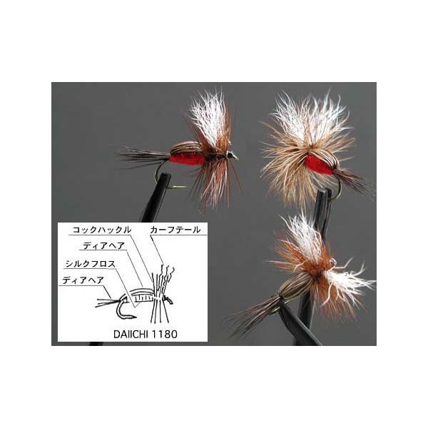 テレストリアルをイメージさせるズングリしたフォルムは、昼間の山岳渓流にて効果大。特に降雨・雨上がり時は、陸生昆虫の落下が多いようで、このパターンはお奨め。シェルバックのディアヘアは、ファイバーが太く浮力が高いノーザン・ホワイトテール種を使用...