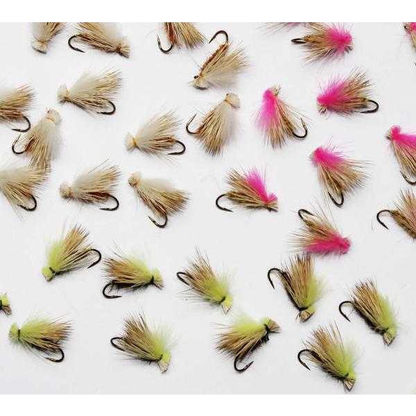 フローセント（蛍光）カラーのCDCをトッピング。ボディはディアとハーのアンダーファーをミックスしてダビング。浮き方・見え方が通常エルクヘア・カディスと異なるため、使い分けることでより釣りが効果的になります。