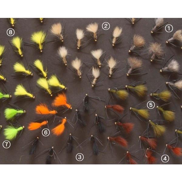 張りのあるラバーレッグをハックル状に配置し、リトリーブで小さくピリピリと振動を発生。ボディのラビット・ファー＆ガードヘアは、茫洋としたフォルムを形成。着底したフライは、ビーズとラバーレッグで「お尻上がり」スタイルに。フックはバーブレス仕様です。