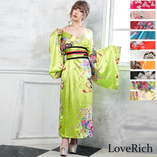 花魁 着物ドレス キャバドレス コスチューム コスプレ 浴衣 イベント よさこい ステージ衣装 帯付き花魁シリーズ和柄サテン着物ロングドレス 0232 Focusdress 通販 Yahoo ショッピング