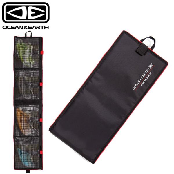 OCEAN＆EARTH　FIN POUCH4 セットのフィンをセット可能。420D ナイロン生地と PE フォームプロテクター。通気性が良く中身を確認できるポケット。スモール、ミディアム、ラージのフィンに対応。ベルクロストラップのクローザー。