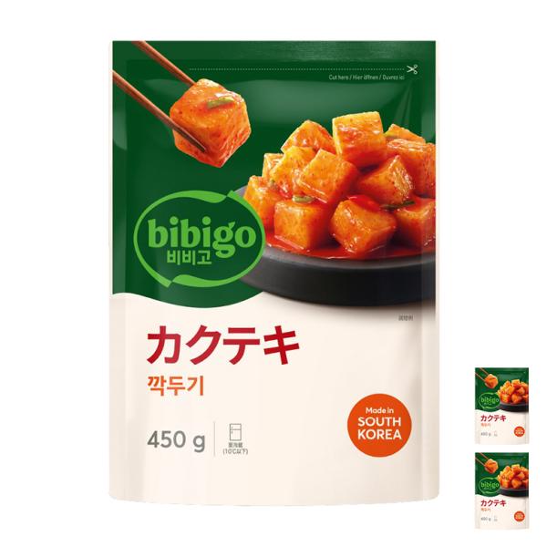 ■商品名：bibigo カクテキ■内容量：450g × 2袋■原材料：大根、漬け原材料（長ネギ、食塩、魚介エキス、唐辛子、果糖、にんにくペースト、マルチトール、しょうがペースト、梨ピューレ、乳酸菌発酵液、キサンタンガムソルビトール、アミノ酸...