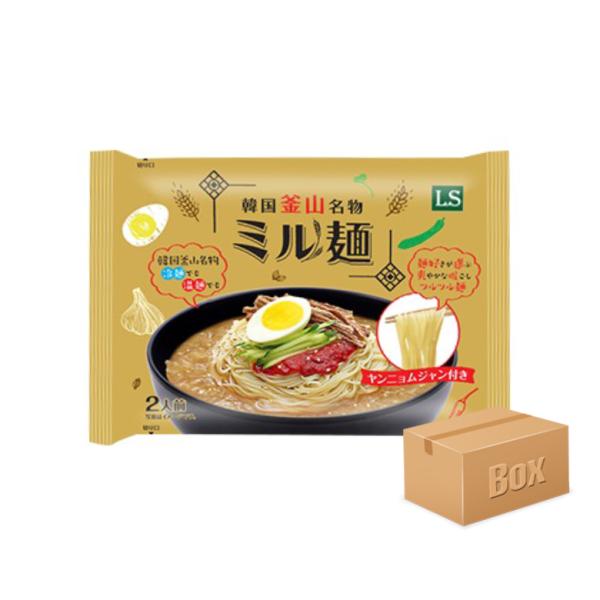 ■商品名：LS 韓国釜山名物ミル麺■内容量：430g × 12袋■原材料：【めん】小麦粉、小麦でん粉、とうもろこしでん粉、さつまいもでん粉、食塩／かんすい、酒精（一部に小麦を含む）【スープ】砂糖、牛肉調味粉末（牛肉味粉末、砂糖、ぶどう糖、し...