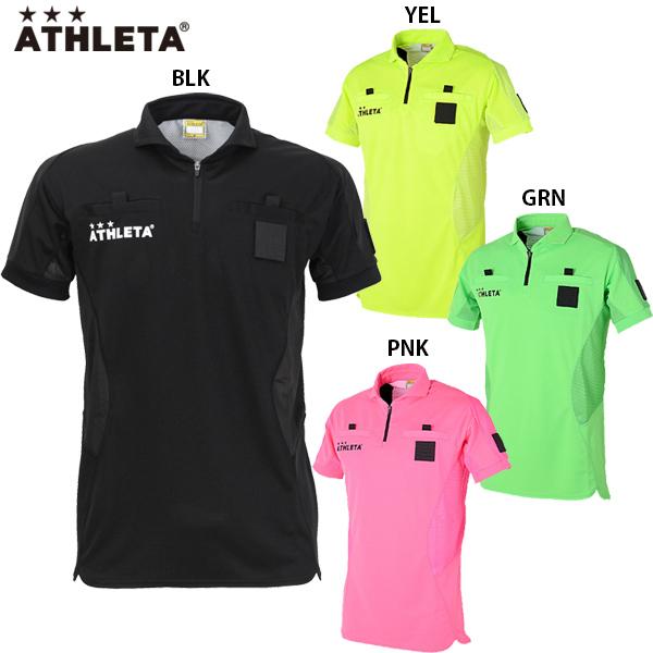 大人気ブランド、アスレタの半袖レフリーシャツです。素材には、背面から肩、脇下にかけてメッシュ素材を使用、通気性に優れています。胸元は、ハーフジップ仕様。左袖と左腕にワッペン用のベルクロを装備。【素材】ポリエステル100％【カラー】BLK：ブ...