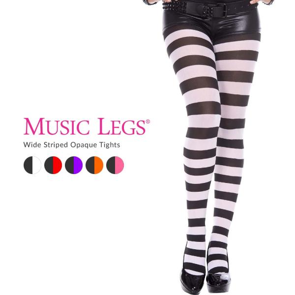 Music Legs モノトーン ワイドボーダー柄 オペイクタイツ ストッキング