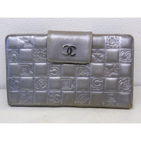 シャネル ■ アイコン 長財布 ウォレット がま口 シルバー系 レザー レディース ココマーク CHANEL □ 7K シャネル □ アイコン 長財布 ウォレット がま口 シルバー系 レザー