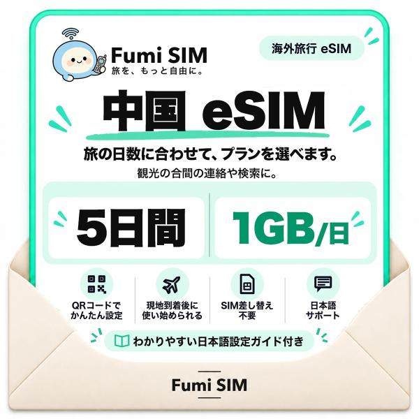 中国 eSIM 5日間 毎日1GB LINE・Google使える VPN不要 テザリング可 SIM差し替え不要 Wi-Fiレンタル不要 QRコードで設定 中国旅行 出張 上海 北京 Fumi SIM