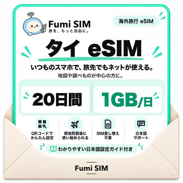 タイ eSIM 20日間 毎日1GB テザリング可 SIM差し替え不要 Wi-Fiレンタル不要 QRコードで設定 タイ旅行 出張 バンコク Fumi SIM