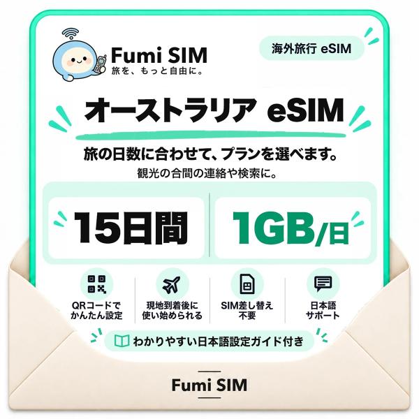 オーストラリア eSIM 15日間 毎日1GB テザリング可 SIM差し替え不要 Wi-Fiレンタル不要 QRコードで設定 オーストラリア旅行 出張 シドニー ケアンズ Fumi SIM