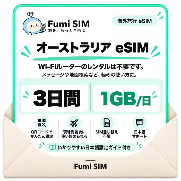 オーストラリア eSIM 3日間 毎日1GB テザリング可 SIM差し替え不要 Wi-Fiレンタル不要 QRコードで設定 オーストラリア旅行 出張 シドニー ケアンズ Fumi SIM