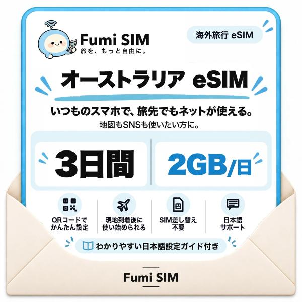 オーストラリア eSIM 3日間 毎日2GB テザリング可 SIM差し替え不要 Wi-Fiレンタル不要 QRコードで設定 オーストラリア旅行 出張 シドニー ケアンズ Fumi SIM