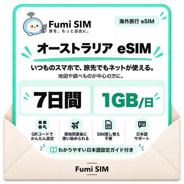 オーストラリア eSIM 7日間 毎日1GB テザリング可 SIM差し替え不要 Wi-Fiレンタル不要 QRコードで設定 オーストラリア旅行 出張 シドニー ケアンズ Fumi SIM