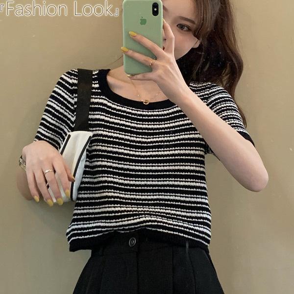 Tシャツ ボーダー柄 半袖 レディースTシャツ ショート丈 黒白 レディース トップス
