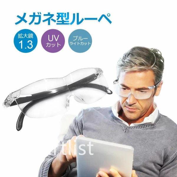 ルーペ メガネ 拡大鏡 ルーペ眼鏡 1.3倍 UVカット ブルーライトカット メガネ メガネ型ルーペ お手入れクロス メガネストラップ ポーチ付き