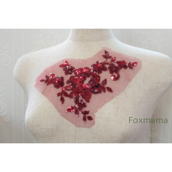 チュールスパンコール刺繍モチーフ 1枚 花 フラワー ワイン・赤 (MFLB12WNFOSP)