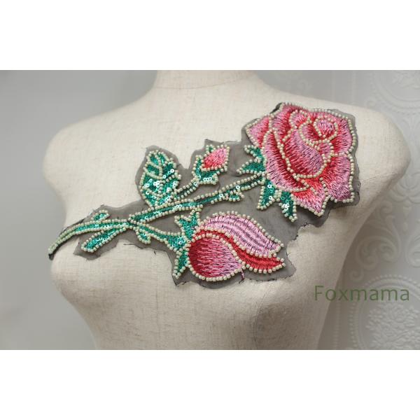 オーガンジー刺繍モチーフ 1枚 バラ 花 スパンコール・ビーズ装飾  ピンク色系 (MRSB93PKHWSP)