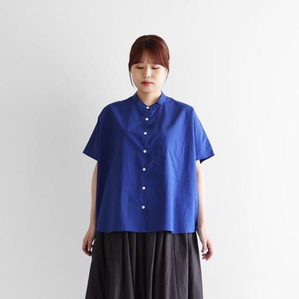 HUIS ハウス オーガニックコットンバンドカラー半袖ワイドブラウス 