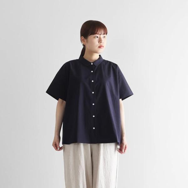 HUIS ハウス オーガニックコットン丸襟半袖ブラウス（ダークネイビー）レディス