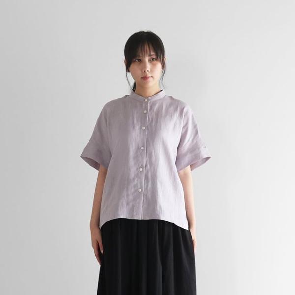 HUIS ハウス 半袖シャトルリネンバンドカラーブラウス（ラベンダー）レディス