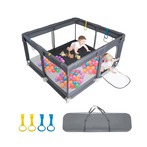 ベビーサークルダークグレー/S：120x120cm/ベビーサークル・Size:S：120x120cm・スーパービッグベビーサークルサイズ：120 * 120 * 66cm、色：グレー、本体材料：環境に優しいオックスフォード布+合金鋼管+AB...