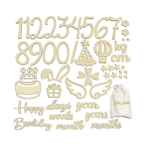 セット内容合計49枚セット、0*2枚、1*2枚、2*2枚、3~9各１枚、王冠*1枚、花*２枚、羽*2枚、ハート*4枚、ケーキ*1枚、ギフト*1枚、ウサギ耳*1枚、点*2枚、斜線*1枚、星*10（２サイズ）、kg、cm、happy、birth...