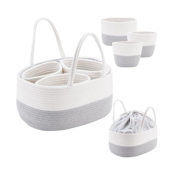 ベージュ/-/ci20231231-3200・巾着付きふた付きなので中身を隠すことが出来ます。外出時、中身がみえないように巾着ふたで閉めればホコリ等も入らず衛生的です。かわいい作りなのでどんなインテリアにも馴染めます。・仕切りカゴ3つ付きカ...