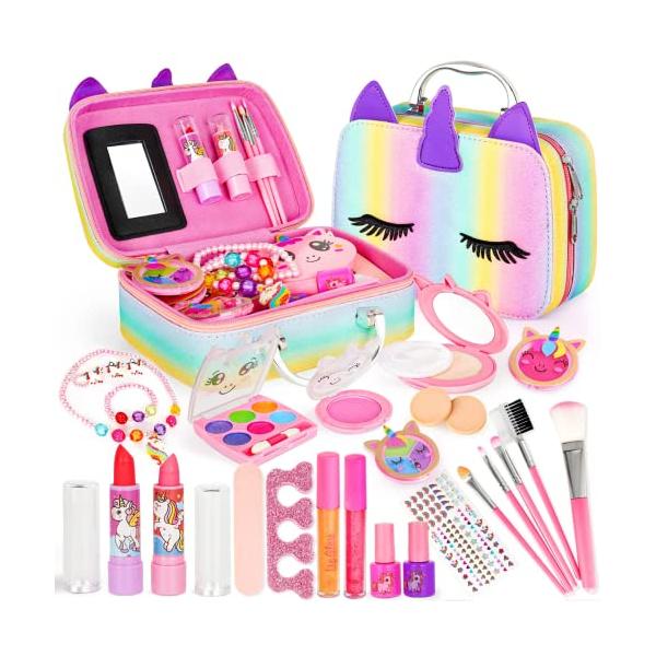 28 IN 1 メイクセット おもちゃ 女の子: 女の子用メイクアップ キットには、すべてのステップが含まれています: 口紅、リップ グレーズ、チーク、アイ シャドウ、パウダー、パフ、メイク ブラシ、マニキュア、ネイル ファイル。そのほか、...