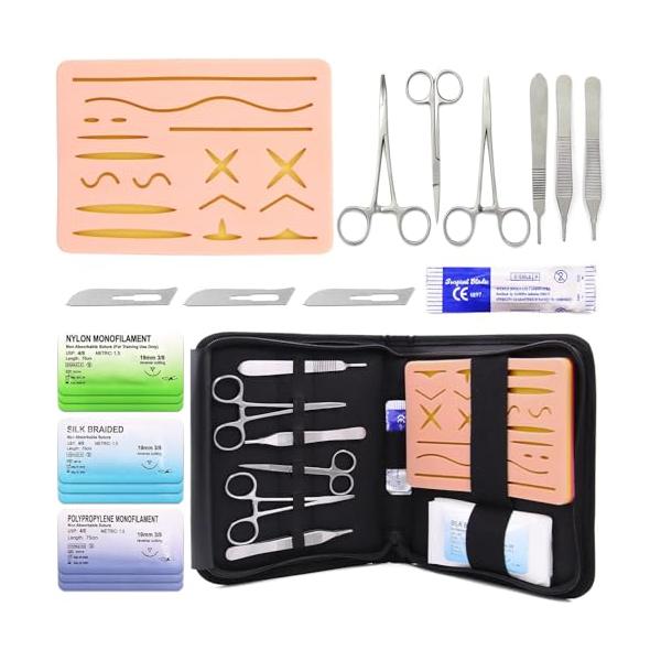 -/19pcs/FH0006・Size:19pcs・パッケージ個数:1・縫合練習キット内容1×人工皮膚縫合パッド、1×練習用外科剪刀、2×アドソン鑷子（ピンセット 鈎あり+ピンセット 歯あり）、1×持針器、1×モスキート鉗子、3×ブレード(...