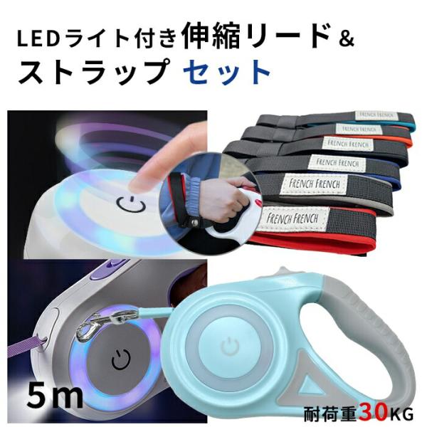 犬 リード LED ライト付き ストラップ セット 5メートル 伸縮リード 懐中電灯 ロングリード 巻き取り式 ドッグリード