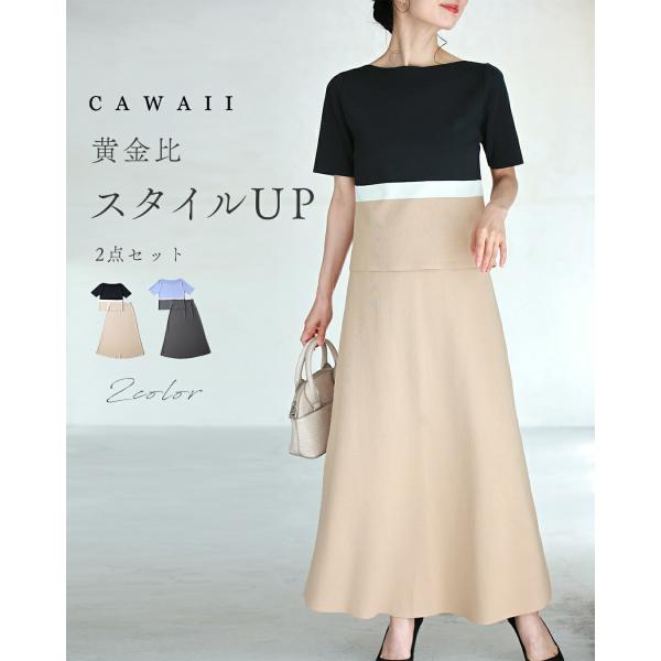再入荷9月9日 黄金比 スタイルUP ２点セット cawaii fbr00046 S~M/L~2L対応 トップス スカート 春 夏 秋 ストレッチ ベージュ ブラック グレー ブルー ミラノ編み 錯視効果 ボートネック 着回し 低身長 標準 レディース ファッション 大人 ママ ミセス 30代 40代 50代 french-pave_fbr00046
