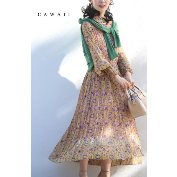 再入荷3月19日 アールヌーヴォーな風が吹くプリーツワンピース w50190nc cawaii シャツ ワンピース 長袖 ワンピース ロング丈  ボリューム袖 シフォンワンピース フレア シアー 透け感 春 夏  フレア  お呼ばれ シフォン ピンク ワンピースドレス 母の日 Sから2L対応 アールヌーヴォーな風が吹くプリーツワンピース : CAWAII