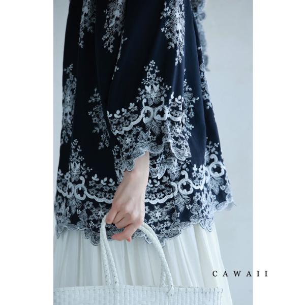 再入荷3月16日 濃紺ぐるりと360度エレガントな刺繍浮かぶブラウストップス cawaii w50376nc S~3L対応 7分袖 ふんわり 花刺繍 レース ネイビー オシャレ 個性的 大人可愛い エレガント 上品 春服 春物 夏 夏服 夏物 レディース ファッション ミセス 30代 40代 Sから3L対応 濃紺 ぐるりと360度エレガントな刺繍浮かぶブラウス
