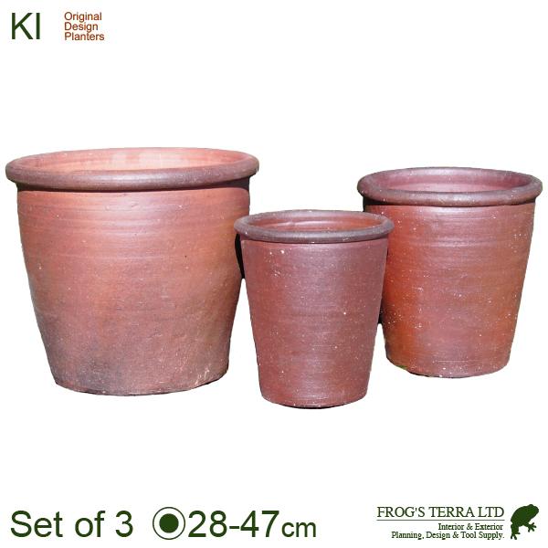【屋外対応】KI 真焼 寸胴鉢 S/M/L 3個セット（S:直径28cm×H32cm/M:直径35cm×H36cm/L:直径47cm×H42cm）（底穴あり）(和風/こげ茶）