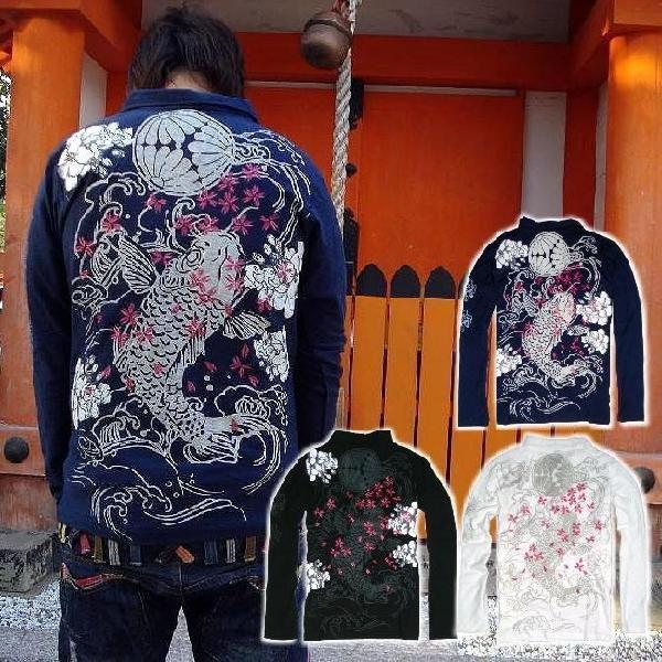 和柄 ポロシャツ メンズ 長袖 和風 刺繍 雲采 鯉の滝登り桜吹雪