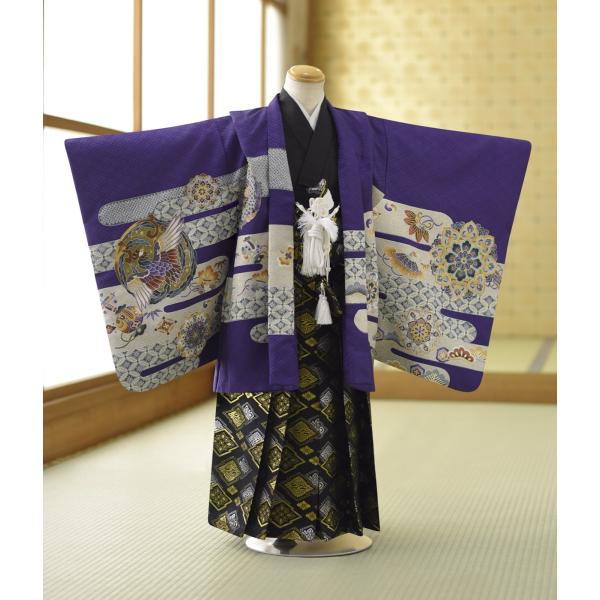 七五三 5歳 男の子 着物 レンタル 紫鳳凰に雲取り華文《身長》115cm前後★簡単な着付けマニュアル付き! 子供 着物レンタル 羽織 袴レンタル 753 卒園式 結婚式