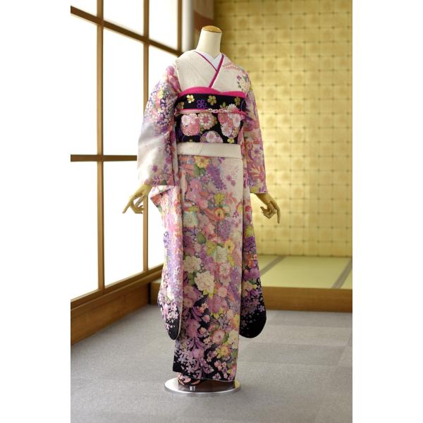 振袖 身長158-173cm 黄 矢絣 牡丹 松竹梅 正絹 振袖 身長158-173cm 黄 矢絣 牡丹 松竹梅 正絹