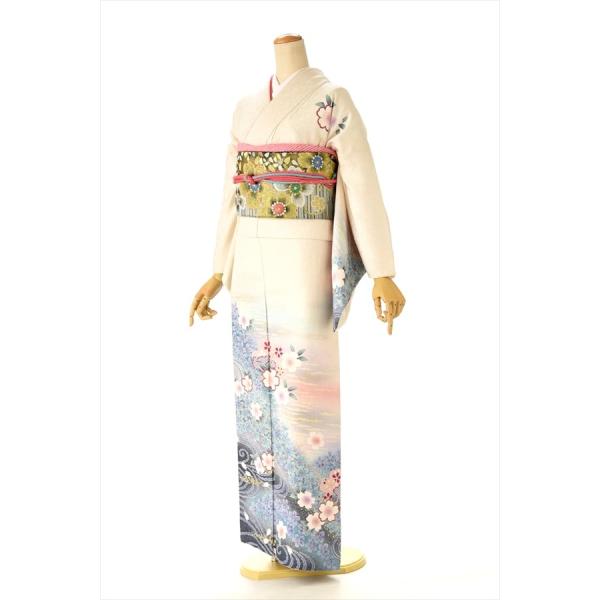 夏用単衣訪問着 白春がすみ桜流水 (裾) 身長 158cm〜170cm位 レンタル