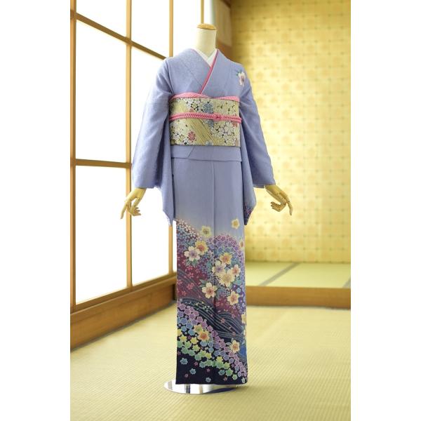 夏用単衣訪問着 パステル藤色桜ちらし 身長 160cm〜174cm位 訪問着